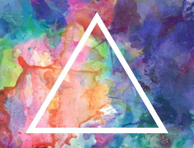 The outline of a white triangle on a background of multicoloured splashes.