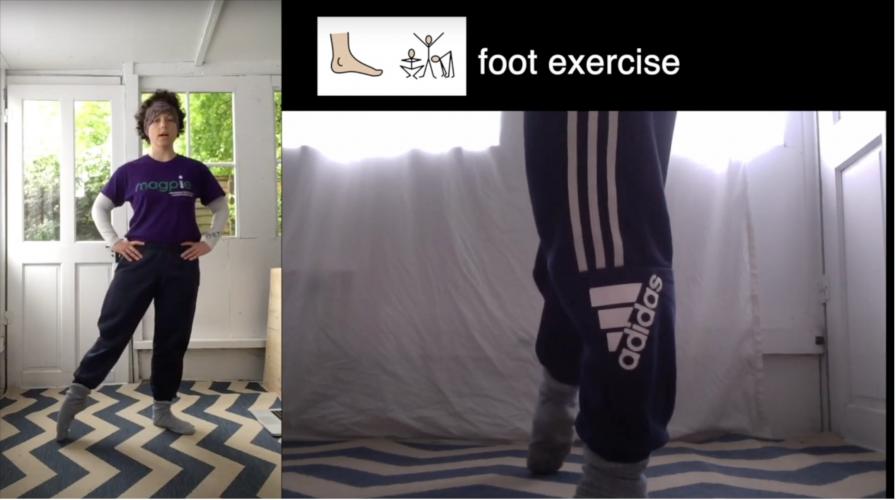 Text, symbols, front and side views of teacher demonstrating contemporary dance foot exercise