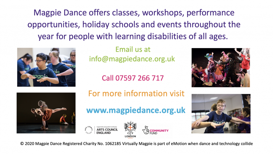Photographs of Magpie dancers performing on stage and demonstrating exercises in class next to contact information.