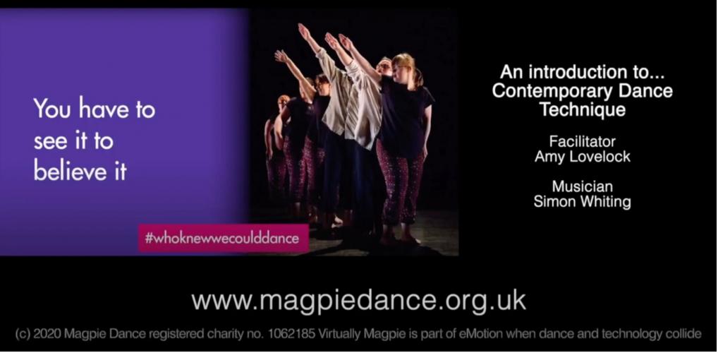 Six Magpie dancers reaching one arm up next to information about the dance class: staff names and website address