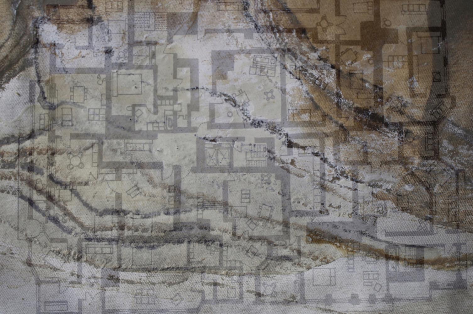 'Complexity of Layers' (earth pigments on canvas). Floor plan drawn on chalk, clay and sand collected from under London