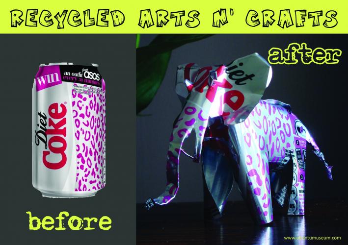 Top of image: The words 'Recycled Arts n' Crafts' Bottom of image: A diet Coke can and an Elephant made out of a d/Coke can