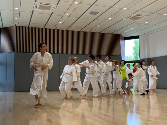 Teaching Tenshintaido in Japan, June 2019. To relax our body and mind, we do simple exercises before the main practice.