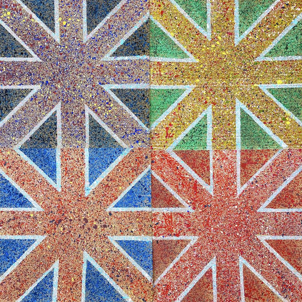 Four multi coloured, geometric tile paintings representing multi cultural Britain. Artwork by Iqbal Butt.