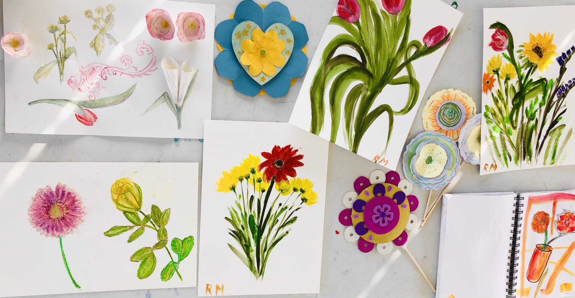 A selection of artworks depicting colourful flowers, made using watercolours and pastels.