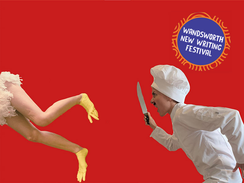 Woman dressed as a male chef holding a knife chasing a woman's legs dressed as a chicken.