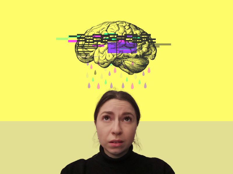 Woman looking above her head, at a brain that is glitching and raining on her.