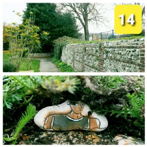 Composite clue: top, a flint wall along a path; bottom, head & shoulders pebble face hides in a mossy crack in the wall