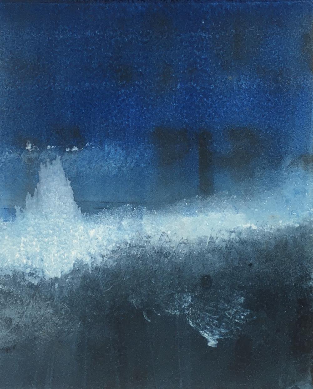 A blue landscape with waves at night