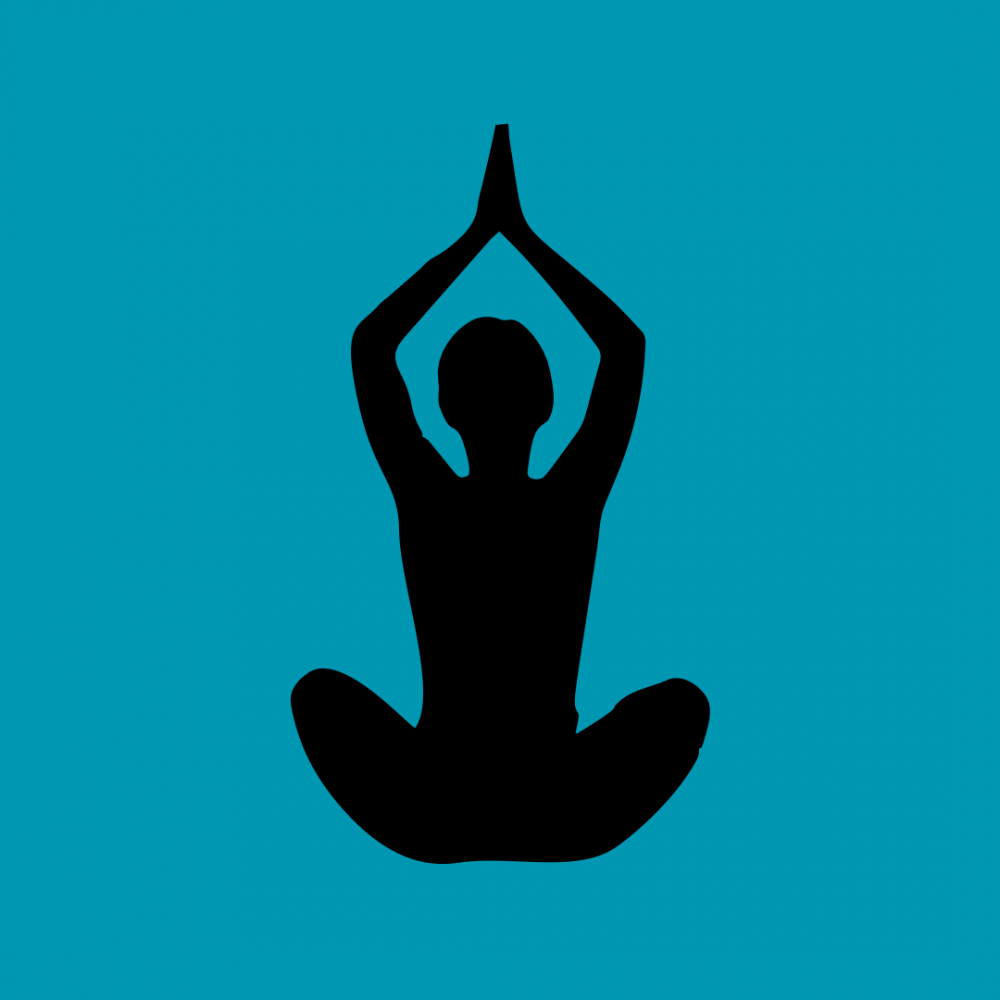 Blue background with a graphic silhouette of a person in a seated Yoga pose with both hands in the sky