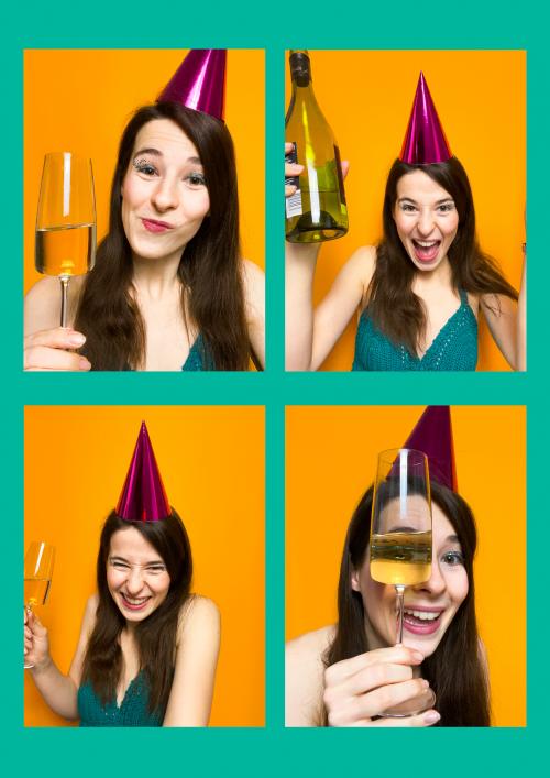 Four images of the same young woman in a party outfit toasting, laughing and getting a little drunk.