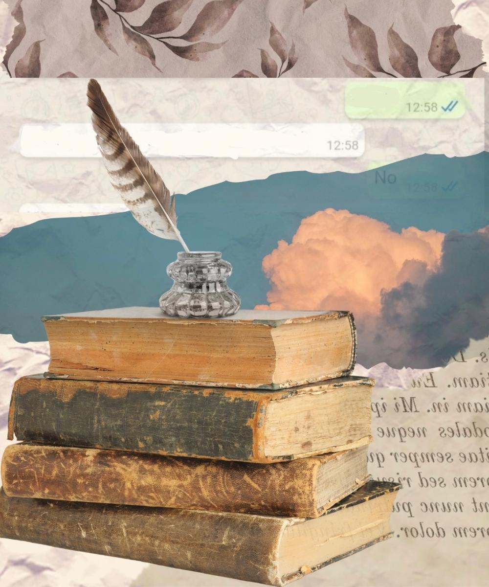 A quill and ink on top of a stack of books. The background is a scrapbooked collage of pieces of paper and includes phone message bubbles.