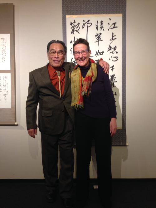 Master Hiroyuki Aoki and I in front of my calligraphy which received an award in February 2019 in Tokyo, Japan