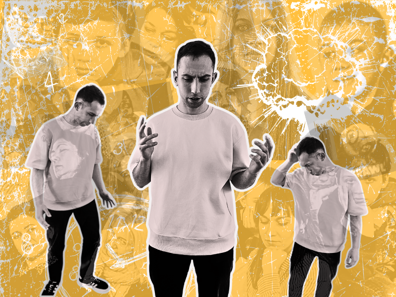 Man stands in three positions looking confused, images of people faded into a yellow background